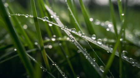 Close up of water droplets on blades of grassの素材