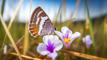 Purple butterfly on wild white violet flowersの素材
