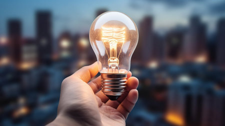 Human hand holding light bulb for concept of new ideaの素材