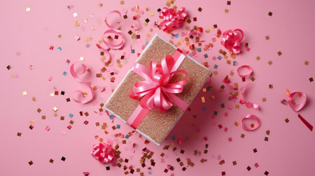 Gift or present box and stars confetti on pink tableの素材