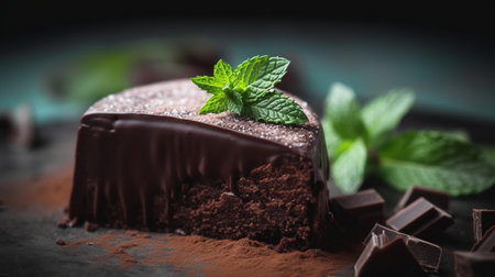 A piece of chocolate cake with mint on the tableの素材