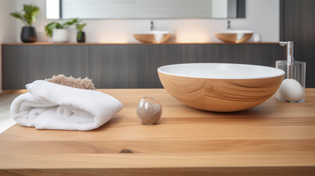 Wooden tabletop with blurred bathroom backgroundの素材