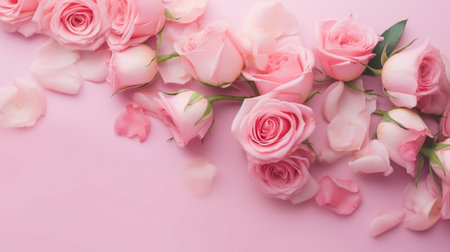 Spring roses flowers on pink pastel backgroundの素材
