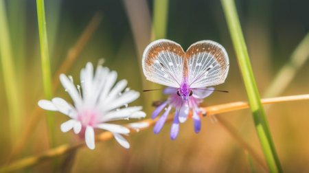 Purple butterfly on wild white violet flowersの素材