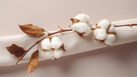 Cotton branch on beige background top viewの素材