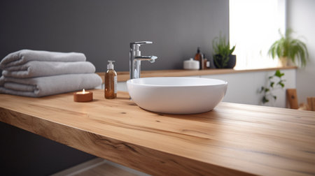 Wooden tabletop with blurred bathroom backgroundの素材