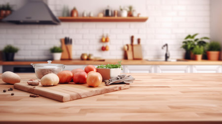 Empty wooden tabletop with blurred kitchen backgroundの素材