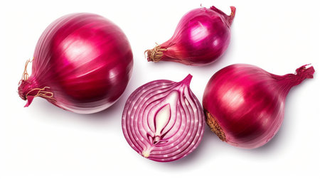 A set of whole and sliced red onion isolatedの素材