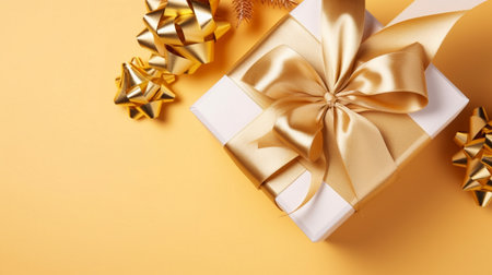 Gift box with golden satin ribbon and bowの素材