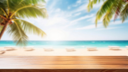 Empty wooden table over blurred sunny tropical beachの素材