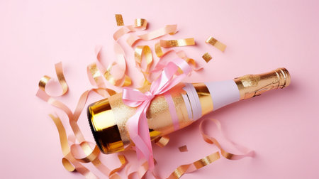 Golden champagne bottle with confetti starsの素材