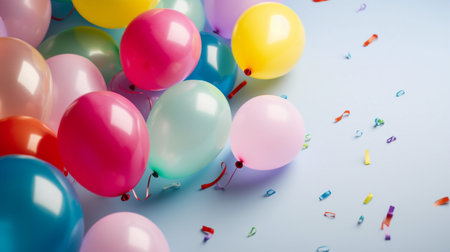Colorful helium balloons on light pastel backgroundの素材