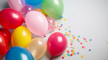 Colorful helium balloons on light pastel backgroundの素材