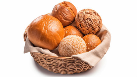 Bread and rolls in wicker basket isolatedの素材