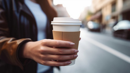 Female hand with paper cup of coffee take awayの素材