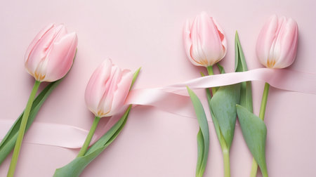 Spring tulip flowers with ribbon on pastel pink backgroundの素材