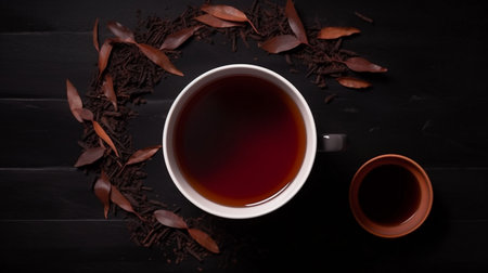Composition with cup of black teaの素材