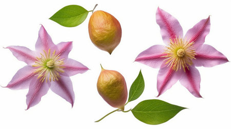 fresh pink clematis flowers bud and leafの素材