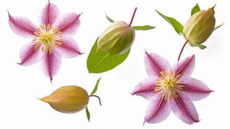 fresh pink clematis flowers bud and leafの素材