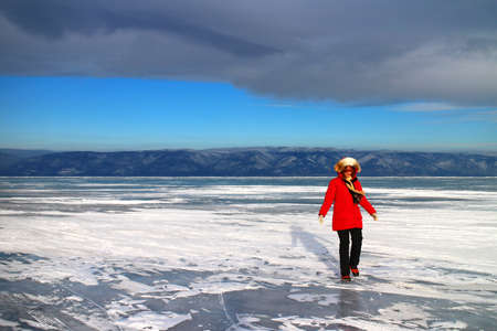 Blue ice, bubble ice, icicles, ice cracks on Lake Baikal, Russiaの写真素材