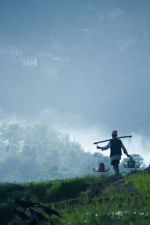 An old man going back to home after finish working in fieldのeditorial素材