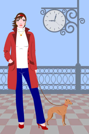 Girl in red cloak and blue jeans walking with little dog around large clockのイラスト素材