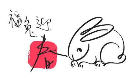 Happy Chinese new year 2023, the year of the rabbit zodiac. Hand drawn Simple minimalist Chinese zodiac of rabbit design. Handwritten text "Good luck in the year of the rabbit". Veのイラスト素材