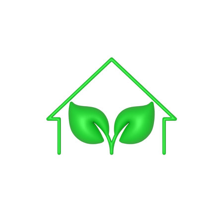 3d bio green house icon. Home icon with leaves sign and symbol.の写真素材