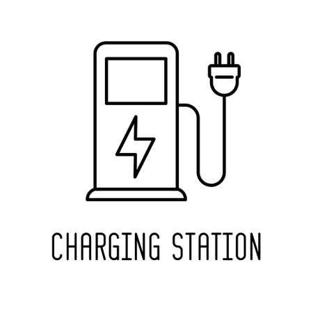 Electric vehicle charging station line icon, outline vector sign, linear style pictogram isolated on white. Symbol, logo illustration.のイラスト素材