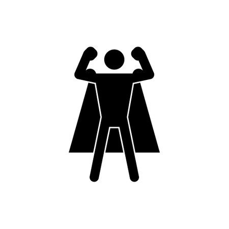 Strong superhero showing biceps. Leadership, self-confidence. Successful happy hero businessman. Concept of success, leadership and victory in business.のイラスト素材