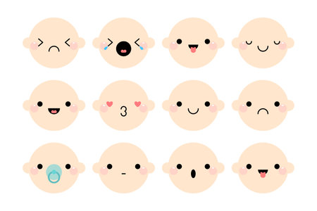 Set of baby faces emoji with different mood. Vector flat set of child emoji faces expressions.のイラスト素材
