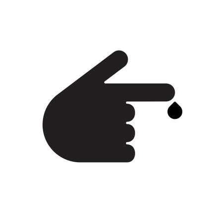 Blood on finger silhouette icon. Vector people hand injured isolated symbol. Glucose, insulin test, diabetes concept. Simple outline style. Sign illustration on white background.のイラスト素材