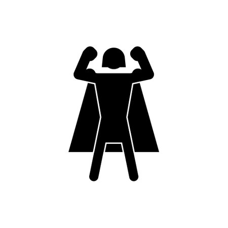 Strong superhero showing biceps. Leadership, self-confidence. Successful happy hero businesswoman. Concept of success, leadership and victory in business.のイラスト素材