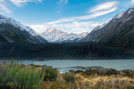 Mount Cook and Mueller Glacier Lake from Kia Point Track, Aoraki, South Island, New Zealandの写真素材