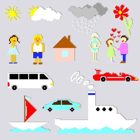 Set of pixel elements and cartoons vector