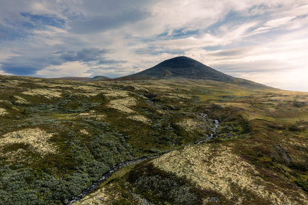 Aerial view of the mountain stream flowing beneath Mount Muen, illuminated by bright sunlight, showcasing the natural beauty of Rondane National Park in Norwayの写真素材
