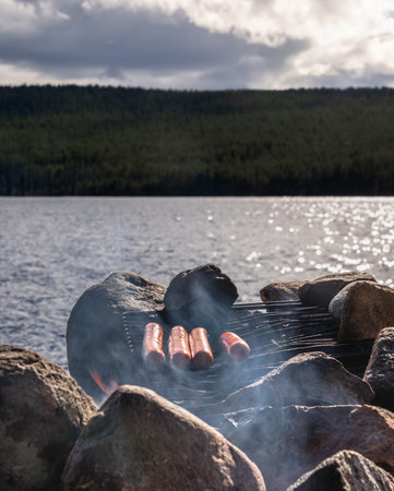Hot dog sausages are being roasted over a stone campfire near a tranquil lake surrounded by lush nature during a beautiful summer day in Swedenの写真素材