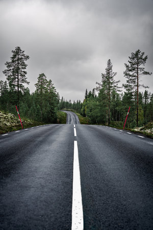 A dark, wet asphalt road winds downhill through a boreal forest under cloudy skies. Snow pole markers line the sides, enhancing the Nordic atmosphere.の写真素材