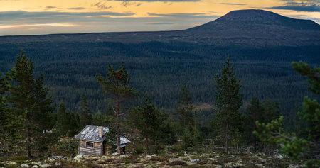 An abandoned log cabin rests on a mountain slope in Idre Dalarna, surrounded by boreal forest and overlooking StÃ¤djan mountain under a serene blue hour skyの写真素材