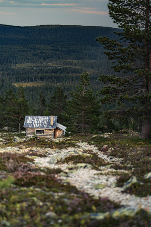 An isolated abandoned cabin on a mountain slope stands in Idre Dalarna, Sweden, offering a breathtaking view of the surrounding boreal forest and majestic mountains at dusk.の写真素材