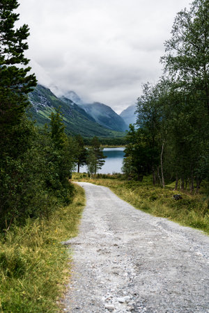A gravel road winds through Innerdalen Valley in Norway, leading to a lake surrounded by forests and...