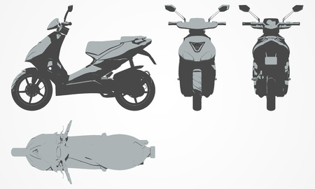 Front, top, back and side scooter projection. Flat illustration set for designing motorbikes iconsのイラスト素材