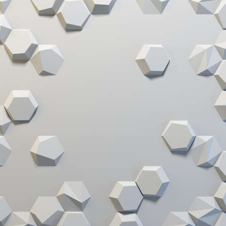 White abstract hexagons blank backdrop. 3d rendering geometric polygons, as illuminated tile wall....