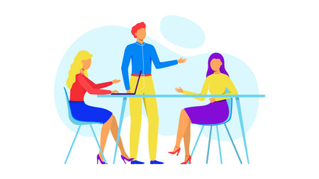 Group of business people at work, office meeting. Professional communication. Boss and employees discussing project on blue background. Team thinking and brainstorming.のイラスト素材