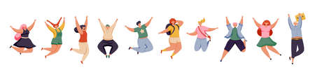 Happy jumping people. Cheerful young male and female in colorful clothes isolated on white background. Active group of people. Flat vector illustration.のイラスト素材