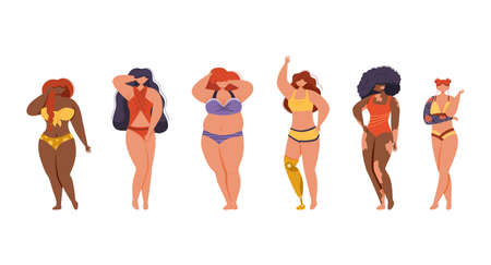 Multiracial women of different height, figure type and size dressed in colorful swimsuits. Body positive movement. Prosthetic legs, tattoos, vitiligo, cellulitis.Vector illustration.のイラスト素材