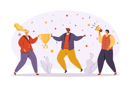 A group of businessmen in bright and modern business attire celebrate success. A woman and a man hold a cup, and their colleague next to them speaks into a megaphone. Flat vector illustration.のイラスト素材