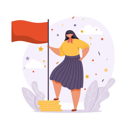 A woman in business attire stands in a confident pose and holds the winners flag. Goal achievement concept. Flat vector illustration.のイラスト素材