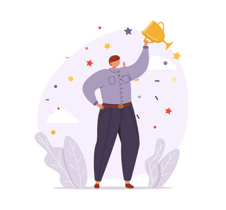 A man in business attire stands in a confident pose and holds the winners cup. Flat vector illustration.のイラスト素材