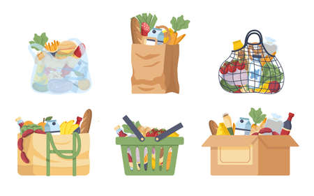 Baskets and shopping bags vector illustrations set. Various grocery purchases: paper package, turtle bag, plastic package, textile handbag, carton box, shopping basket. Groceries, vegetables, fruits.のイラスト素材